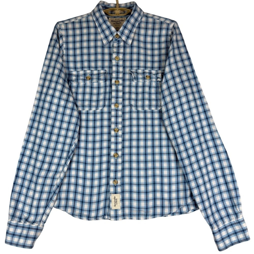 Abercrombie & Fitch Shirt Mens XXL Blue White Plaid Muscle Fit Button Down